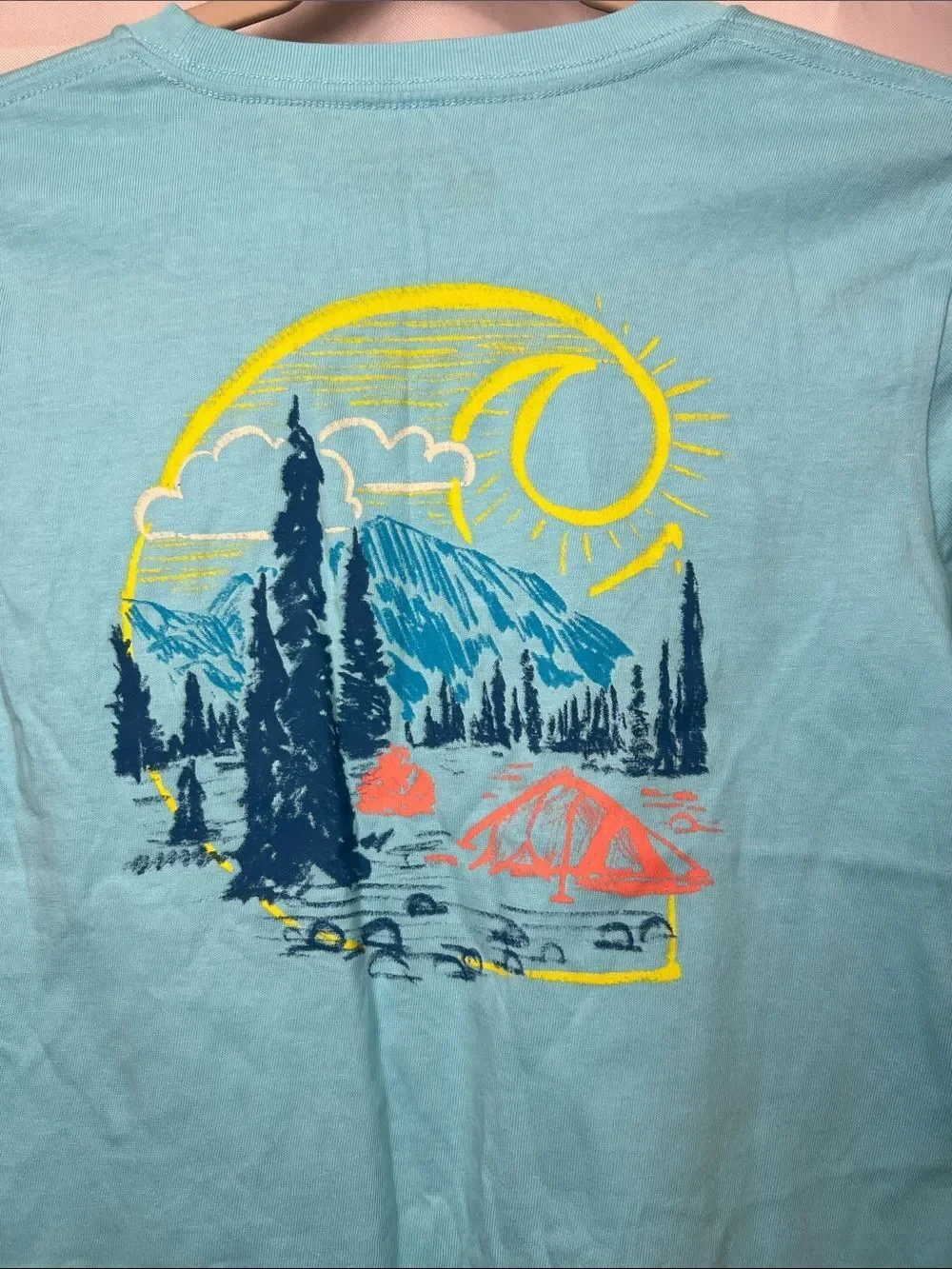 Carhartt blue pocket t-shirt with camping graphic on back